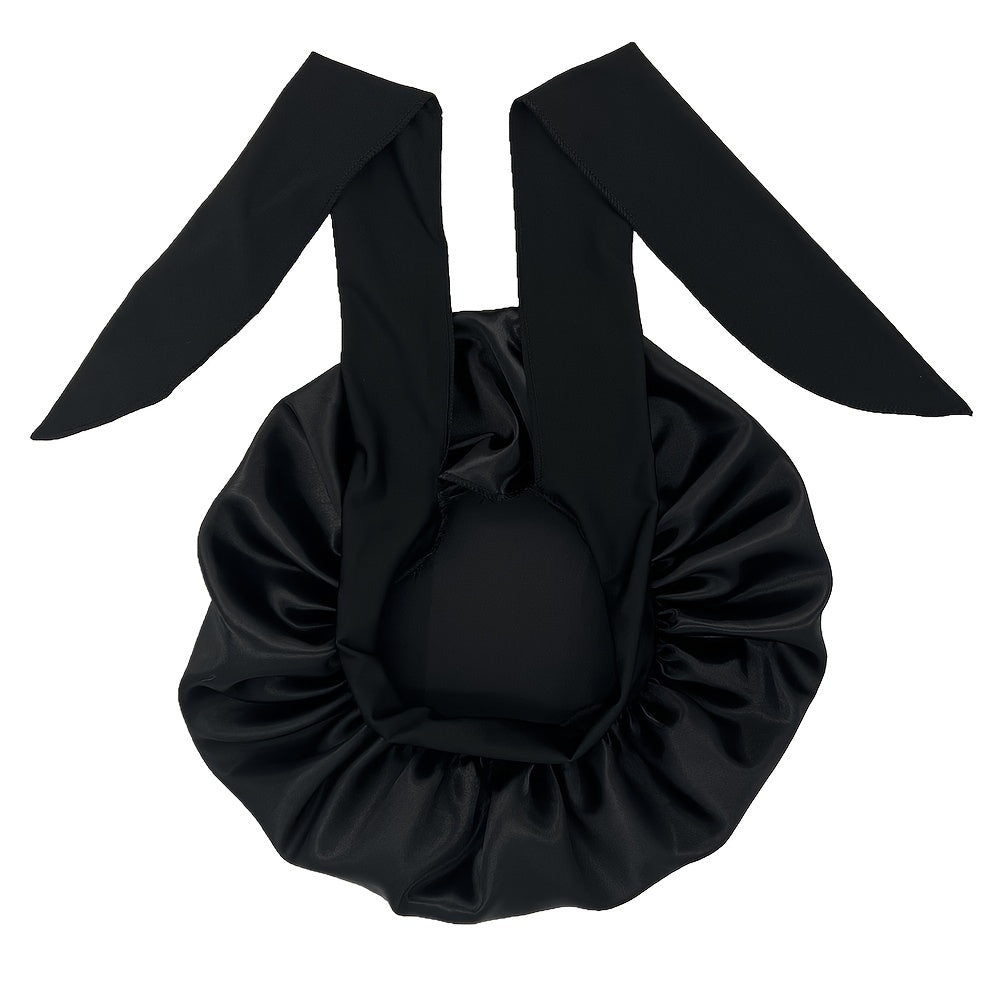 ZTZI Jumbo Satin Sleep Bonnet with Adjustable Elastic Tie Band - Large Black Hair Bonnet for Women, Stretchy Straps for Long Curly Braid Hair Protection, Soft Polyester Material