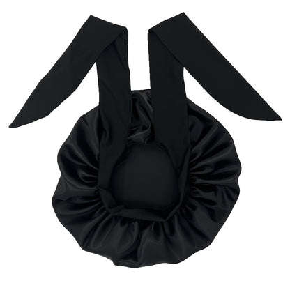 ZTZI Jumbo Satin Sleep Bonnet with Adjustable Elastic Tie Band - Large Black Hair Bonnet for Women, Stretchy Straps for Long Curly Braid Hair Protection, Soft Polyester Material