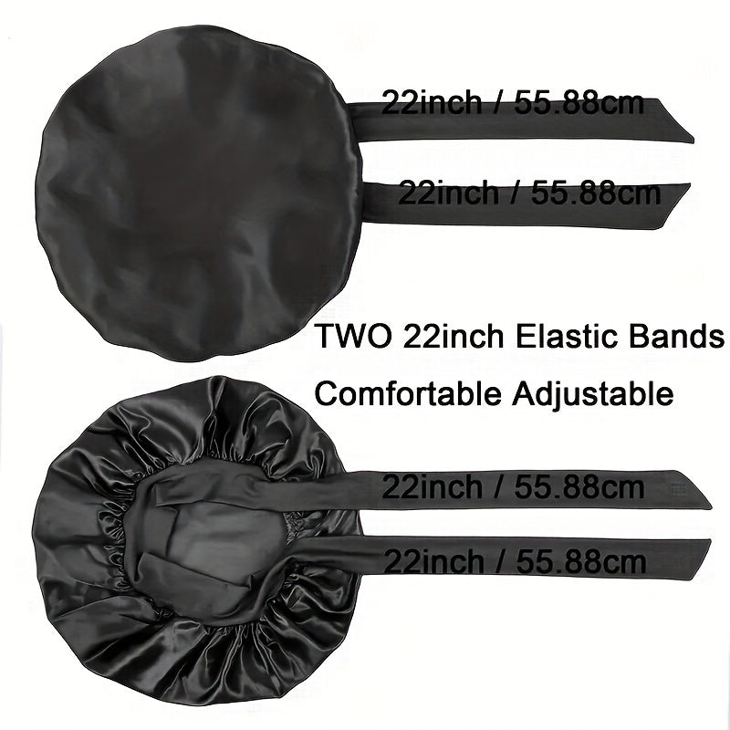 ZTZI Jumbo Satin Sleep Bonnet with Adjustable Elastic Tie Band - Large Black Hair Bonnet for Women, Stretchy Straps for Long Curly Braid Hair Protection, Soft Polyester Material