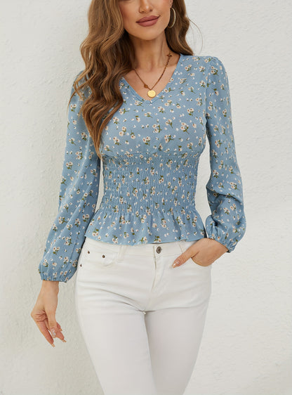 Ditsy Floral Print Shirred Blouse, Elegant Long Sleeve V Neck Blouse, Women's Clothing