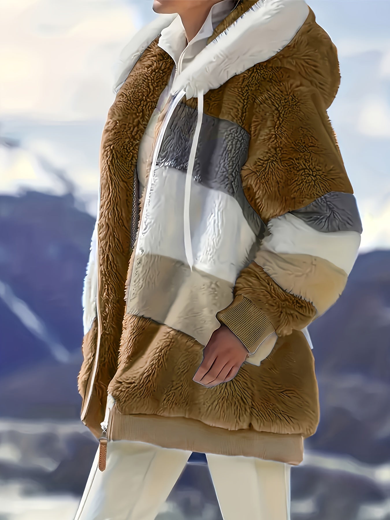 Ultra-Soft Color Block Fuzzy Hooded Coat - Stylish Winter Warm Outerwear with Full-Length Sleeves - Perfect for Casual Wear - Womens Clothing