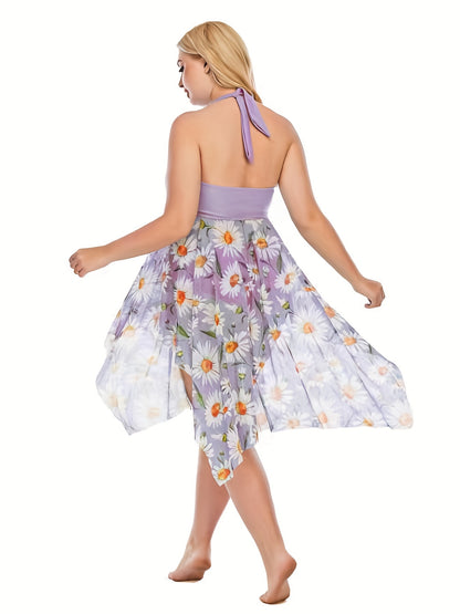 [Plus Size | Mesh] Plus Size Mesh Spliced Swimsuit | European and American Style Separated Skirt with Flower Print Irregular Hem Oversized Swimwear for Vacation