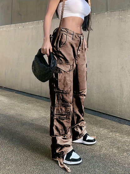 Black Flap Pockets Straight Jeans, Loose Fit Non-Stretch High Waist Cargo Pants, Y2K & Kpop Style, Women's Denim Jeans & Clothing