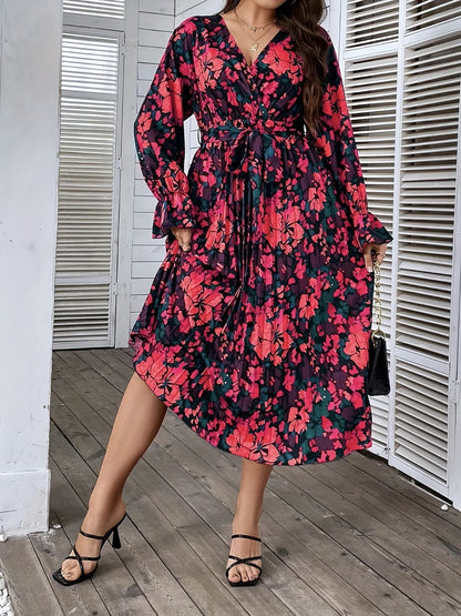 Plus Size Casual Dress, Women's Plus Floral Print Lantern Sleeve Surplice Neck Slight Stretch Midi Dress With Belt