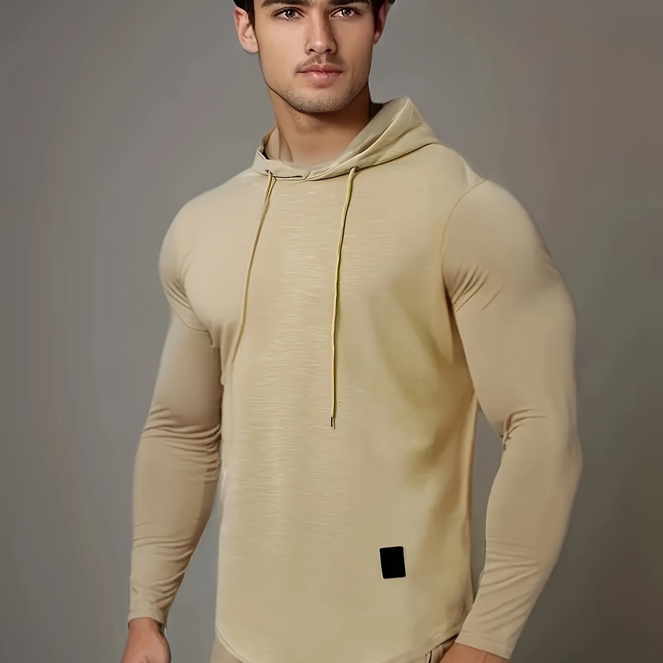 [1pc Long Sleeve Casual Hoodie] 1pc Men'S Casual Fashion Hoodie - Long Sleeve, Solid Color, Regular Fit, Knit Polyester, Micro-Elastic, Regular Length, Crew Neck Pullover