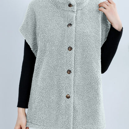 Womens Chic Button Front Teddy Vest - Lightweight Fleece, Short Sleeve, Solid Colors - Perfect for Layering, Stylish & Versatile Wardrobe Staple