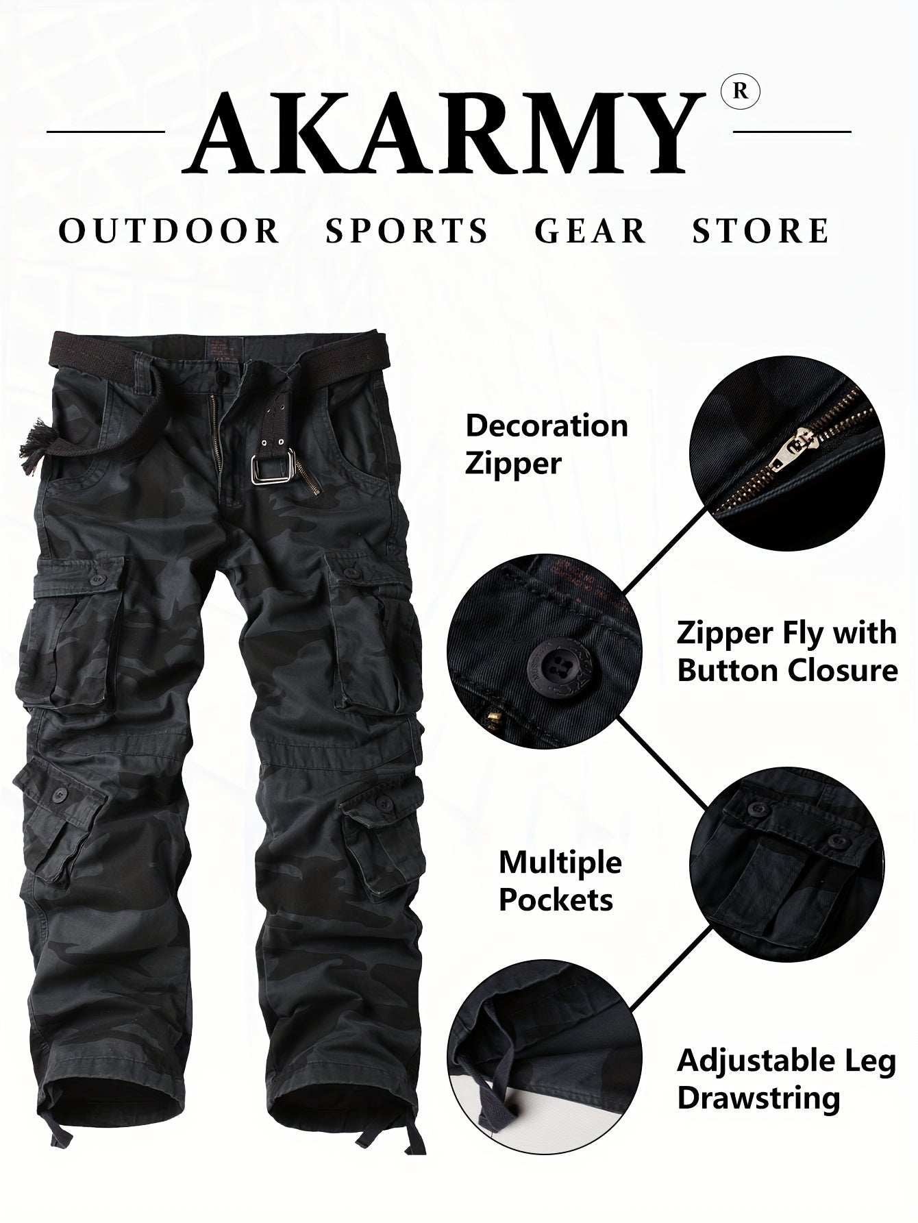 Mens Camo Cargo Pants - Loose Fit, Multi Flap Pockets, Zipper Fly, Cotton Fabric, Machine Washable - Perfect for Outdoor Activities, Weekend Casual, Hiking, Fishing, Angling, Streetwear