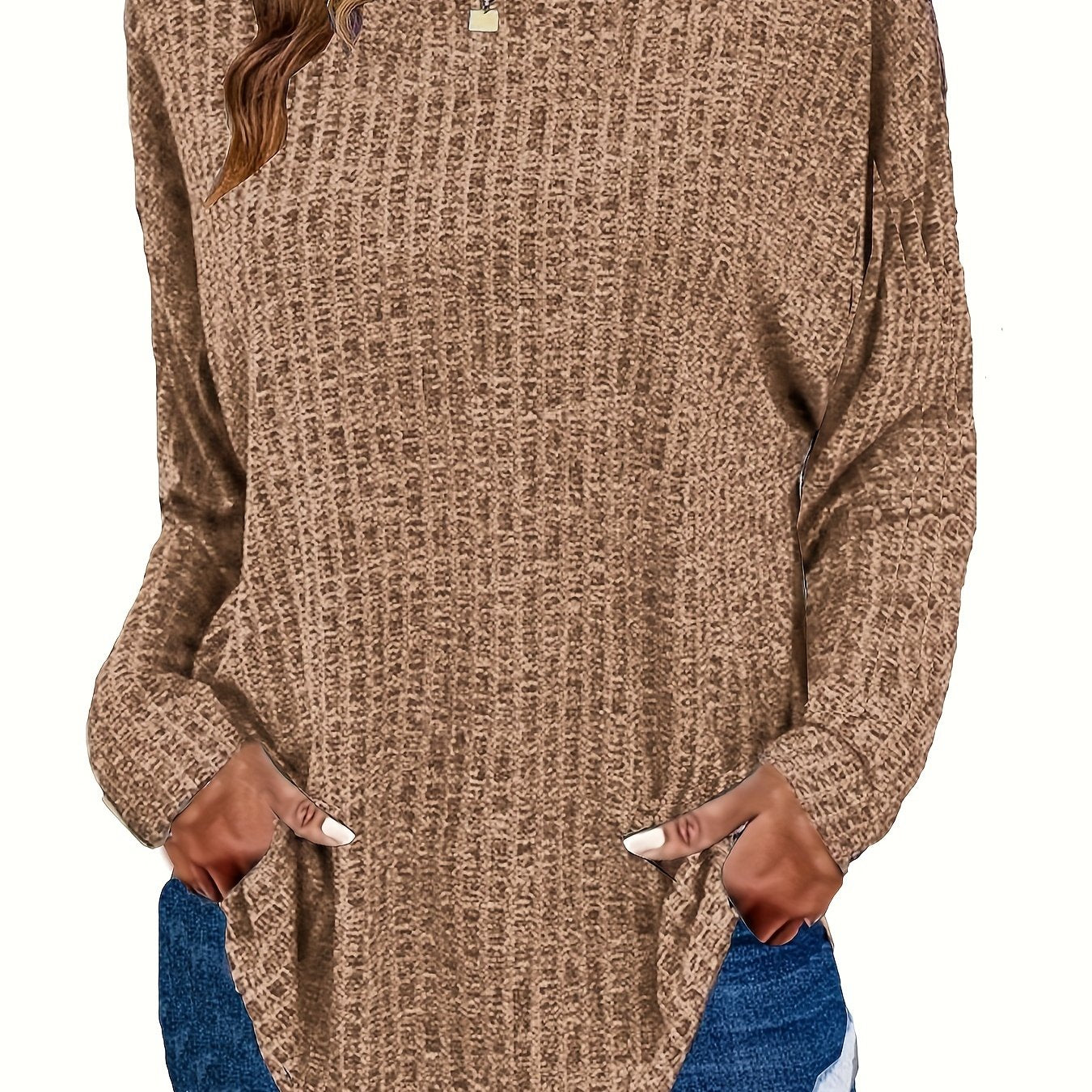 Plus Size Casual Sweater, Women's Plus Solid Ribbed Long Sleeve Round Neck Knit Top