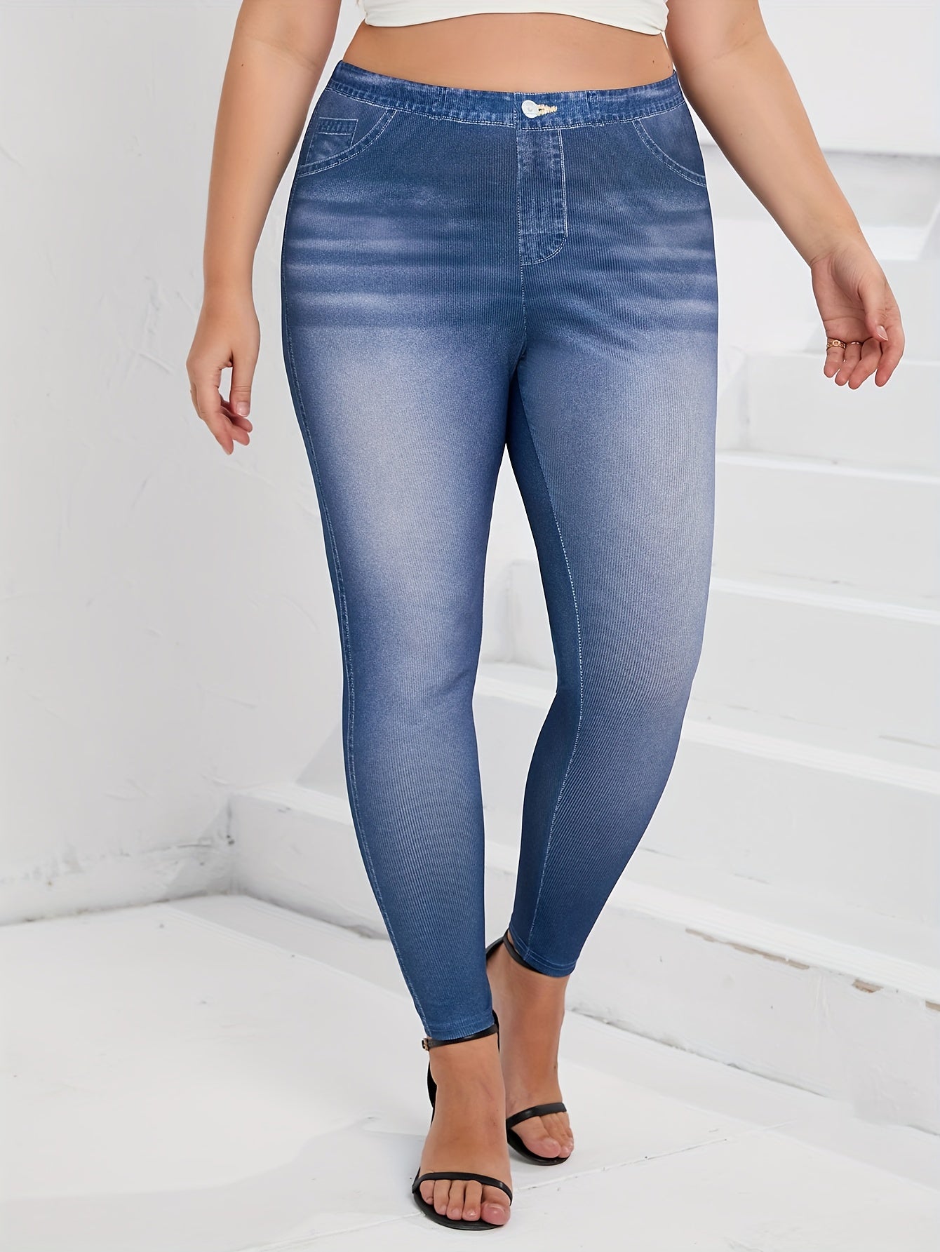 Plus Size Casual Pants, Women's Plus Denim Print Elastic High Rise High Stretch Skinny Trousers