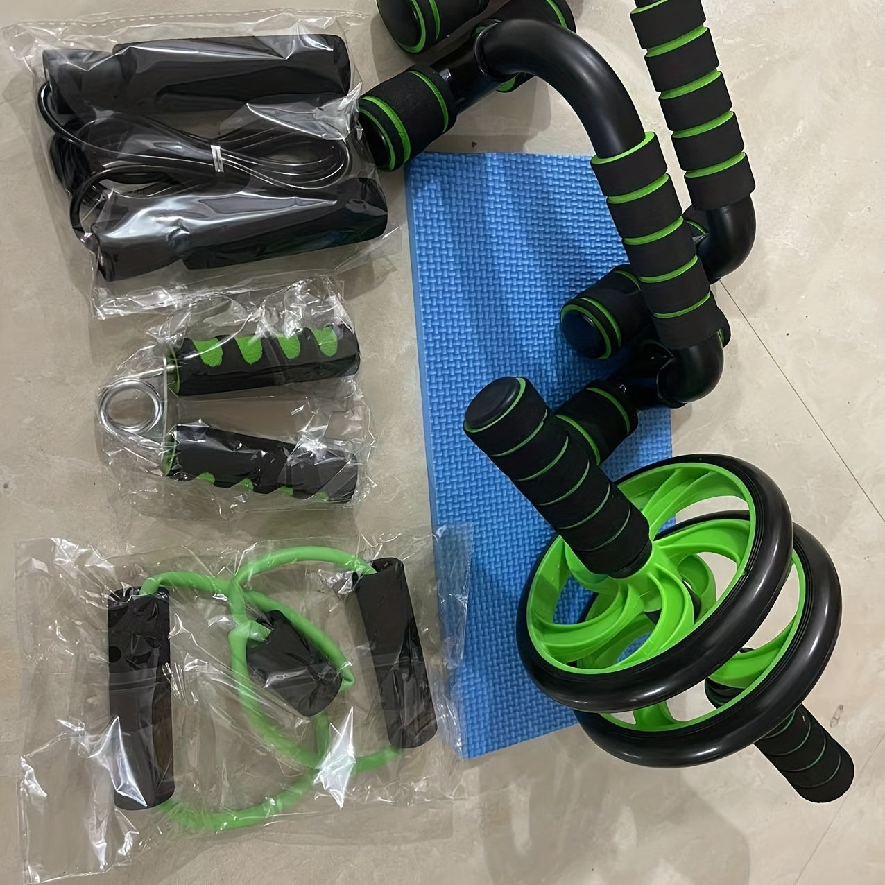 7pcs/set Complete Ab Workout Set With Push-up Stand, Ab Wheel, Mini Mat, Resistance Band, Jump Rope & Hand Gripper - Strengthen Core, Build Muscle, Burn Fat