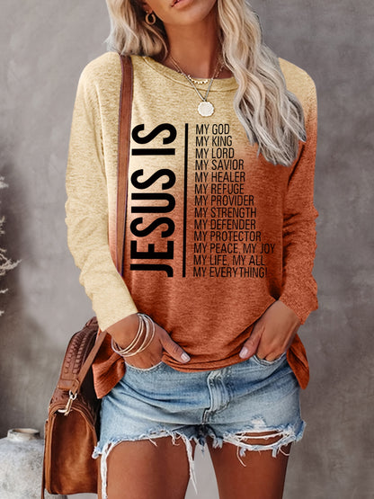 Jesus Print Crew Neck T-shirt, Casual Long Sleeve Top For Spring & Fall, Women's Clothing