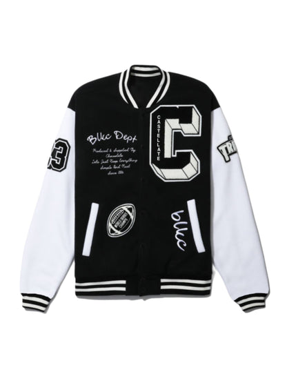 Mens Fashionable Letter Print Varsity Jacket - Color Block Button Up for Spring/Fall - Casual Style Perfect for School or Baseball