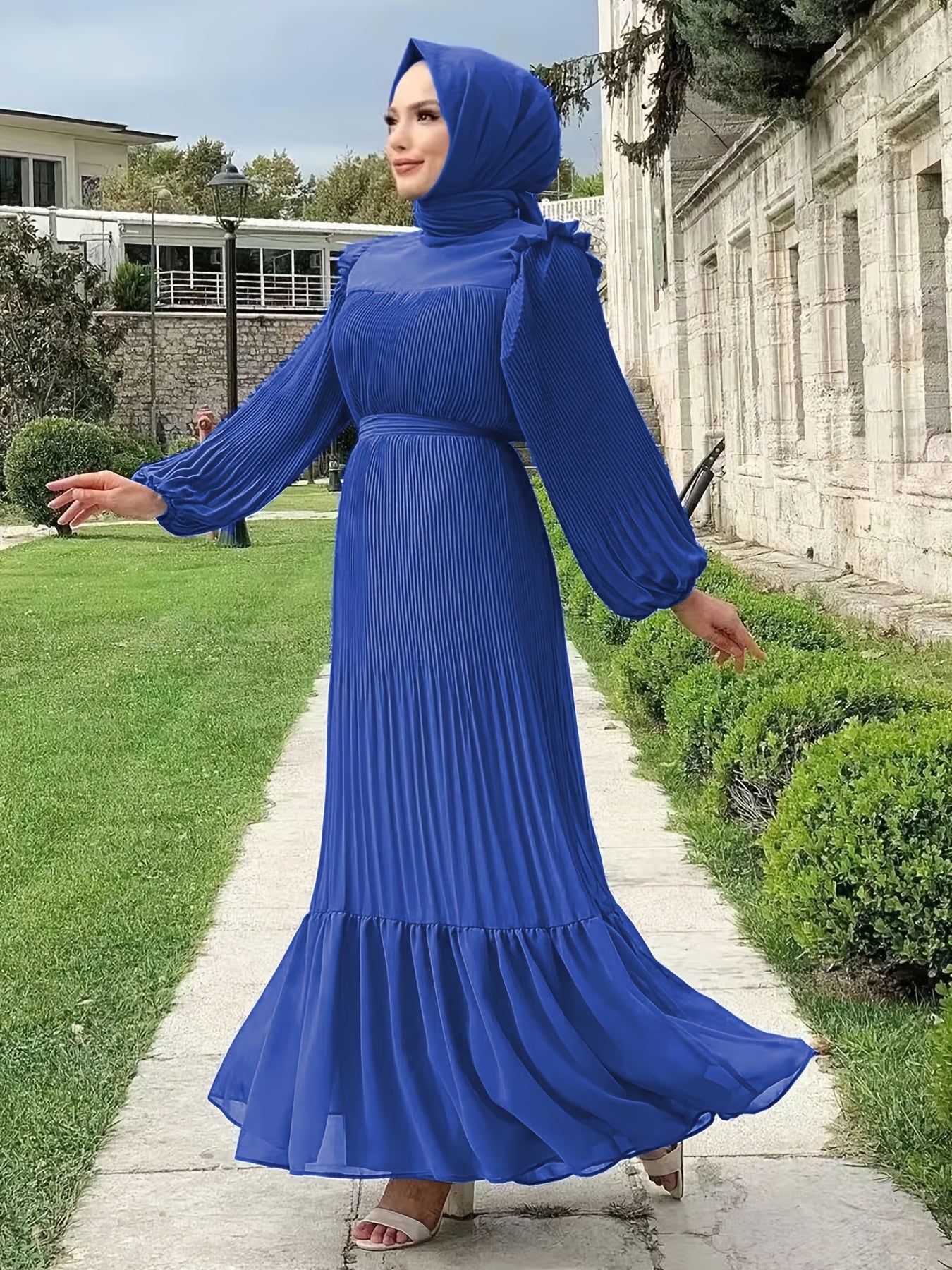 Ramadan Elegant Long Length Kaftan Dress - Polyester Solid Color Belted Maxi Dress with Ruffle Trim, Machine Washable, Casual Wear for All Seasons