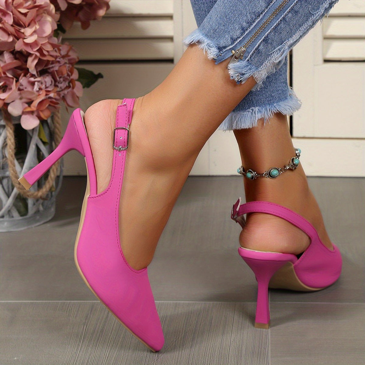 Women's Slingback High Heels, Solid Color Pointed Toe Buckle Strap Stilettos, Party & Dress Summer Shoes for Koningsdag/King's Day