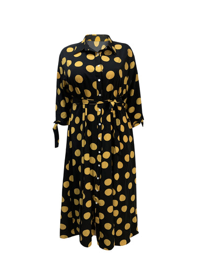 Elegant Plus Size Polka Dots Print Maxi Dress - Women's Button Up Collared Belted
