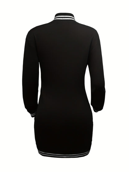 Womens Chic Letter Pattern Mini Dress - Versatile Button Front, Long Sleeve Slim Fit - Stylish Everyday Clothing