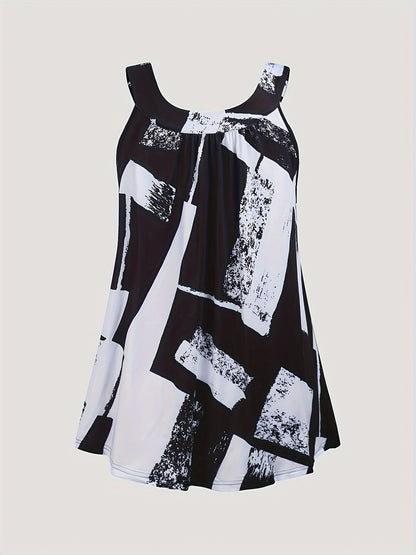 Plus Size Round Neck Colorblock Curved Hem Casual Tank Top