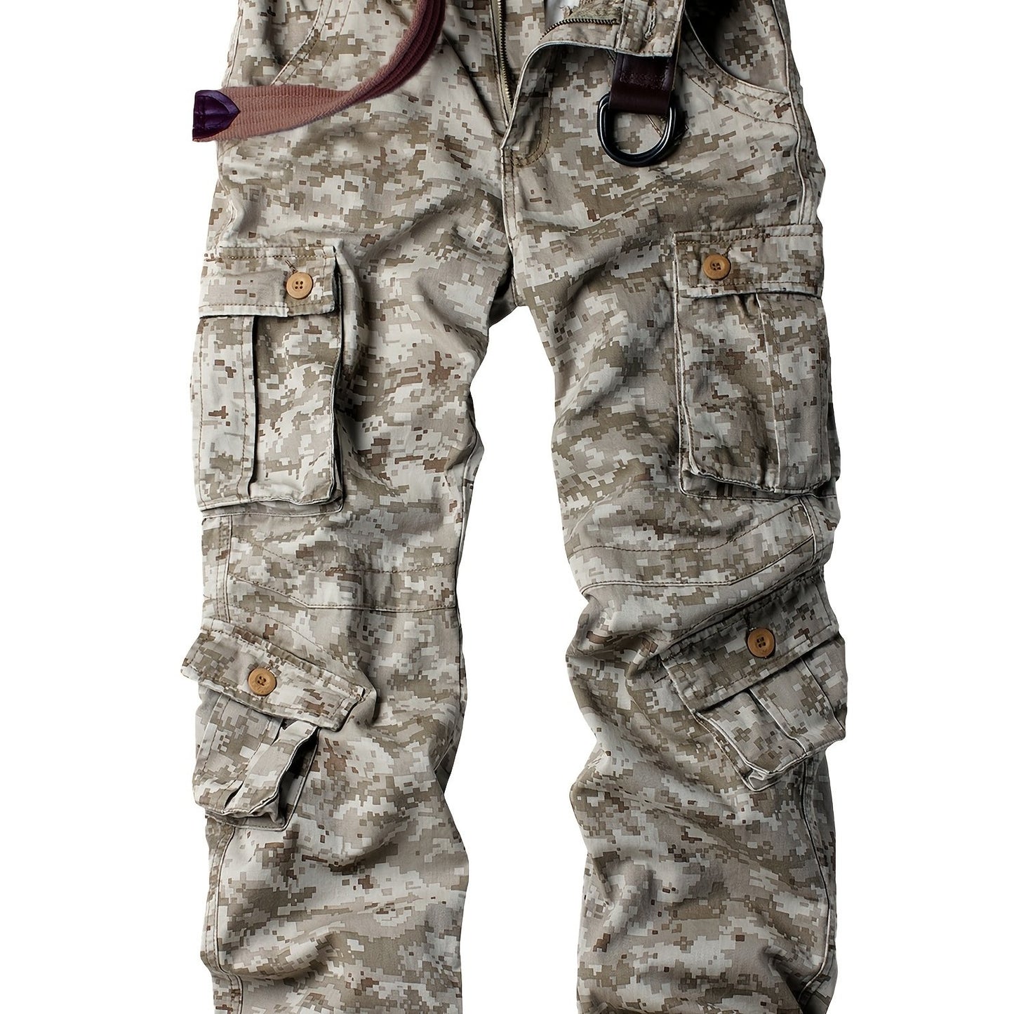 AKNAVY Solid Cotton Camo Multi Flap Pockets Men's Straight Leg Cargo Pants, Loose Casual Outdoor Pants, Men's Work Pants For Hiking Fishing Angling