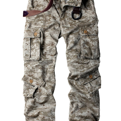 AKNAVY Solid Cotton Camo Multi Flap Pockets Men's Straight Leg Cargo Pants, Loose Casual Outdoor Pants, Men's Work Pants For Hiking Fishing Angling