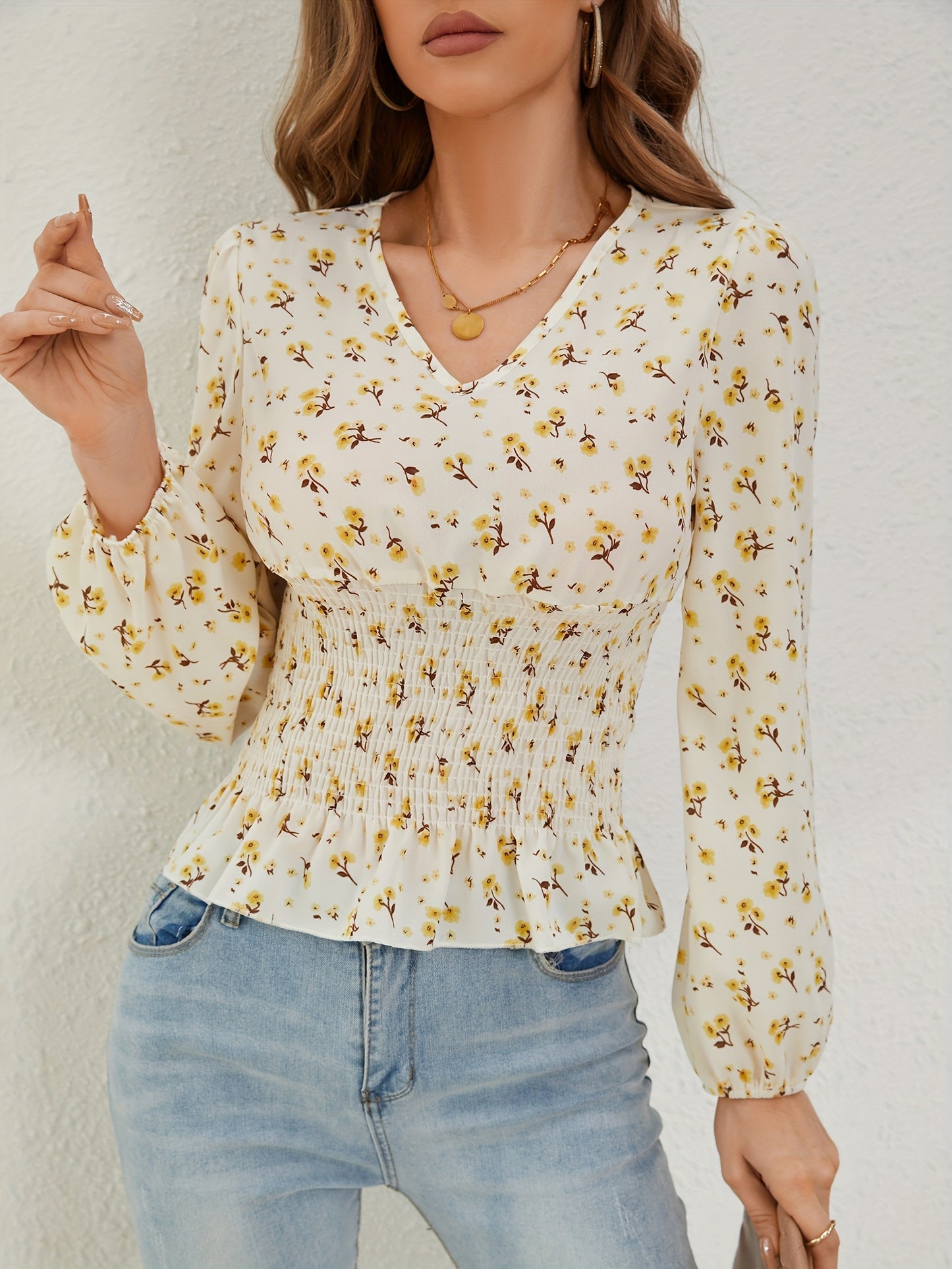 Ditsy Floral Print Shirred Blouse, Elegant Long Sleeve V Neck Blouse, Women's Clothing