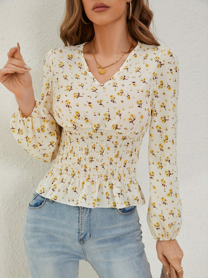 Ditsy Floral Print Shirred Blouse, Elegant Long Sleeve V Neck Blouse, Women's Clothing