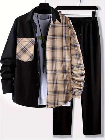 Plus Size Men's Plaid Shirt & Pants Set For Spring/autumn, Oversized Loose Fit 2Pcs Outfits For Workout/outdoor, Men's Clothing