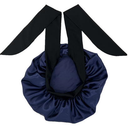 ZTZI Jumbo Satin Sleep Bonnet with Adjustable Elastic Tie Band - Large Black Hair Bonnet for Women, Stretchy Straps for Long Curly Braid Hair Protection, Soft Polyester Material