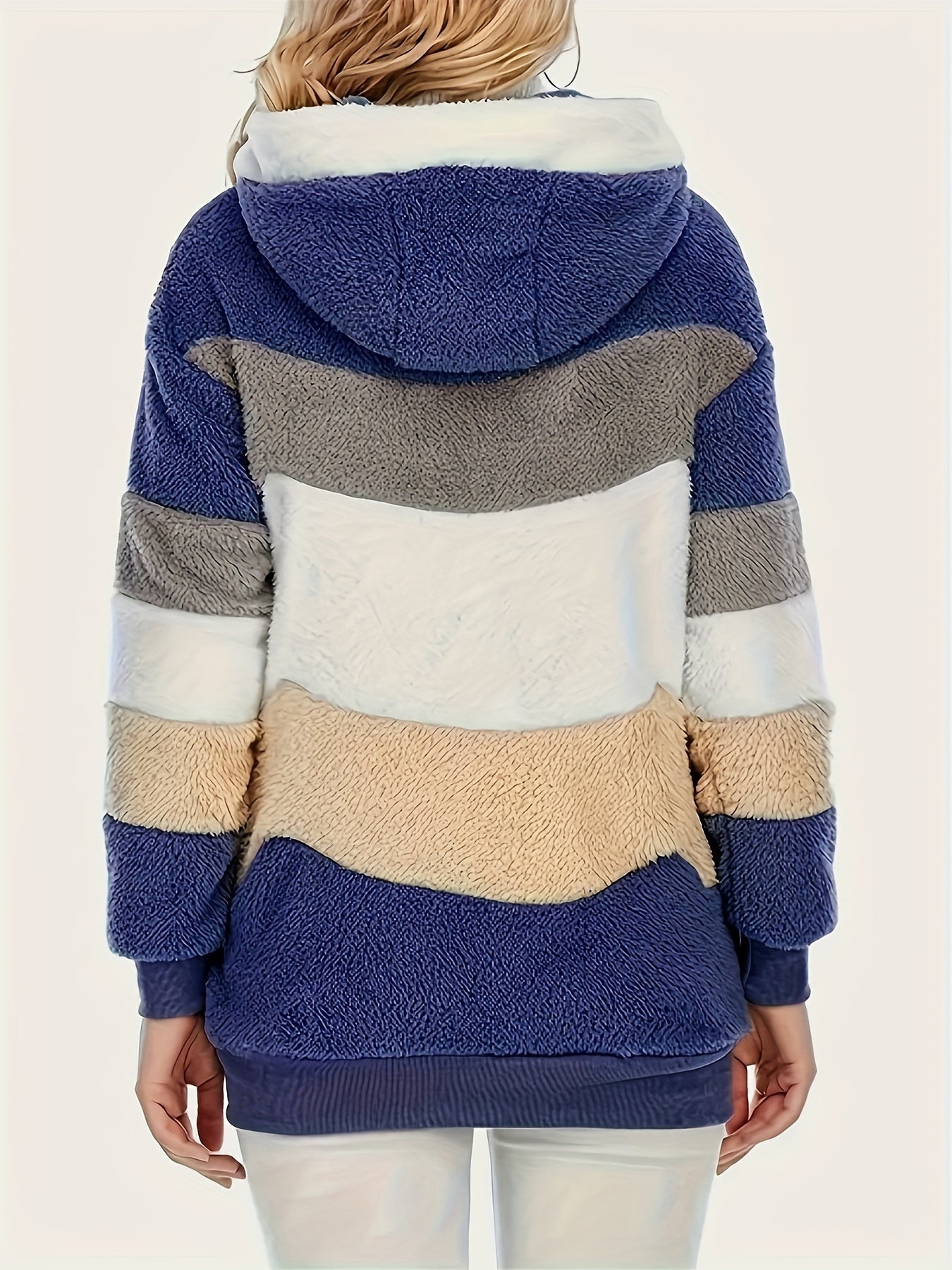 Ultra-Soft Color Block Fuzzy Hooded Coat - Stylish Winter Warm Outerwear with Full-Length Sleeves - Perfect for Casual Wear - Womens Clothing
