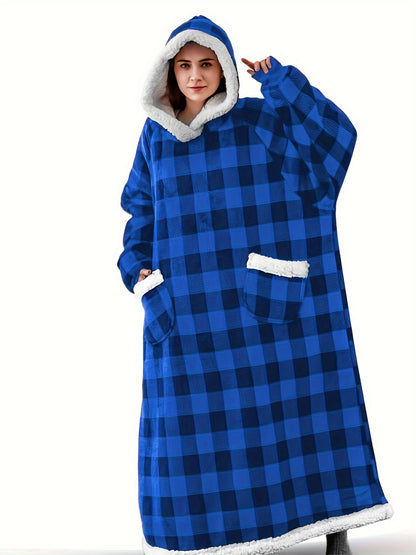 Cozy Plus-Size Hooded Fleece Robe - Winter Casual Comfort with Pockets & Stretch Fabric, Machine Washable