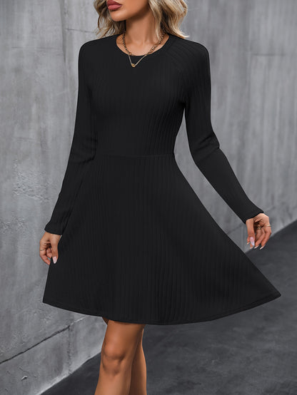 Womens Classic Ribbed Long Sleeve Dress - Stretchy, Solid Color, Elegant Crew Neck - Perfect for Everyday Style