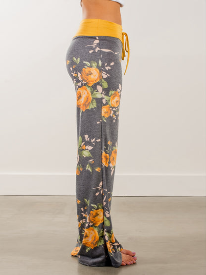 Plus Size Floral Print High Rise Drawstring Long Pants, Women's Plus Slight Stretch Loose Casual Pants