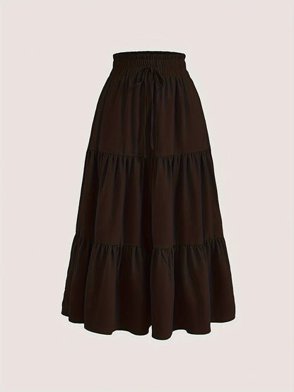 Solid Tie Waist Tiered Skirt, Casual Elastic Waist Skirt For Spring & Fall, Women's Clothing