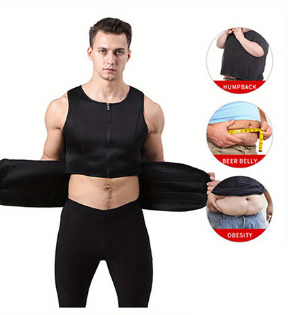 TKPARK Men's Adjustable Compression Tank Top & Waist Trainer - High-Elasticity Workout Shirt with Back Support, Sleeveless Gym Shaper Vest, Zipper Closure & Belt for Fitness Training, Fitness Compression Wear | Sleeveless Tan