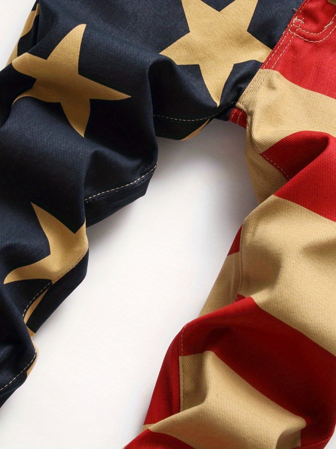 Mens Fashion Flag Print Denim Pants - Bold Color Block Design for Casual Street Style - Comfortable Fit Jeans for Everyday Wear