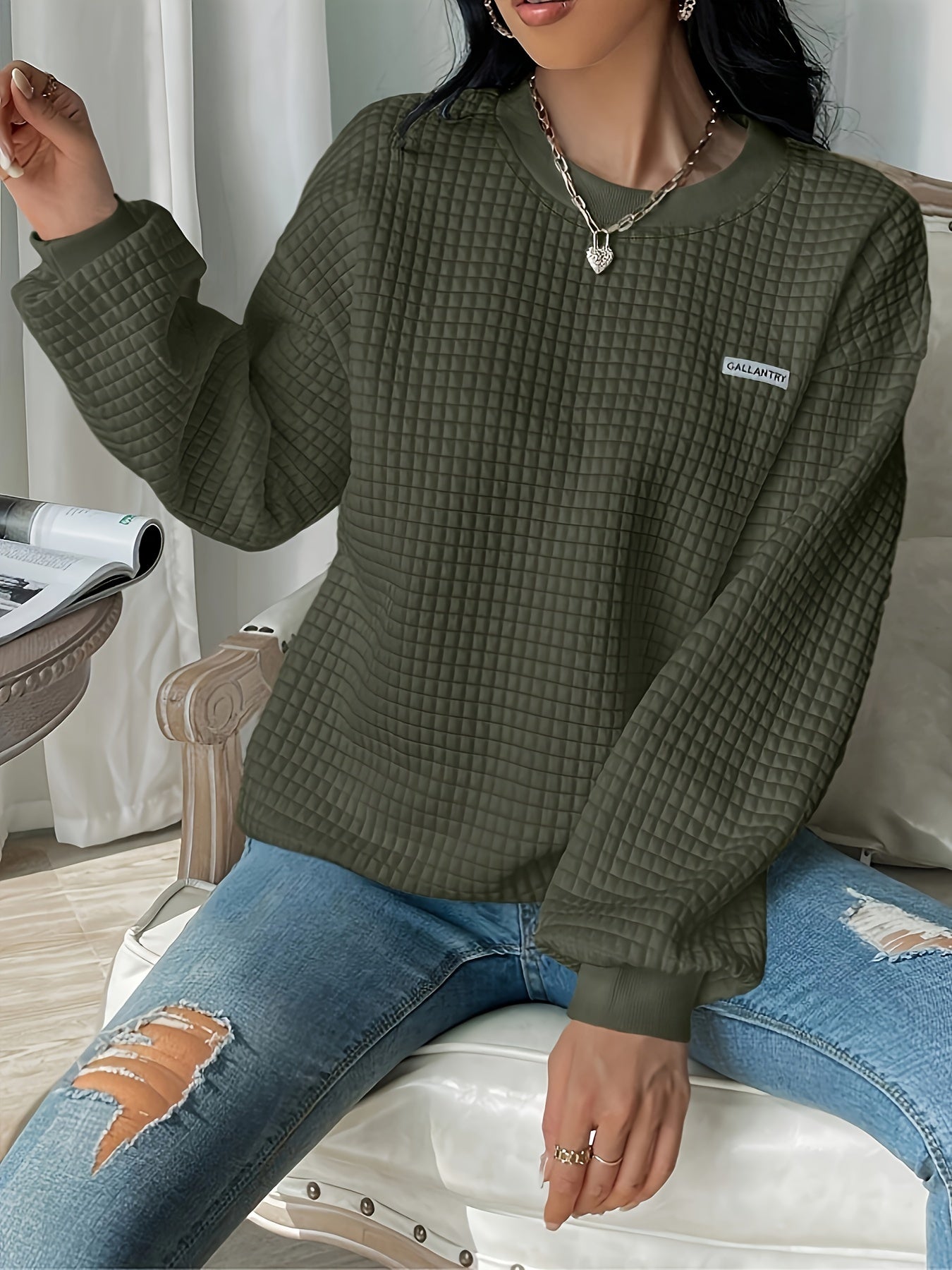 Waffle Loose Sweatshirt, Casual Long Sleeve Crew Neck Sweatshirt, Women's Clothing