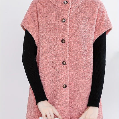 Womens Chic Button Front Teddy Vest - Lightweight Fleece, Short Sleeve, Solid Colors - Perfect for Layering, Stylish & Versatile Wardrobe Staple