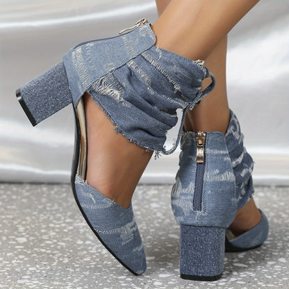 Women's Solid Color Denim Shoes, Point Toe Back Zipper Chunky Heel Casual Shoes, Trendy Daily Comfy Shoes