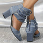 Women's Solid Color Denim Shoes, Point Toe Back Zipper Chunky Heel Casual Shoes, Trendy Daily Comfy Shoes