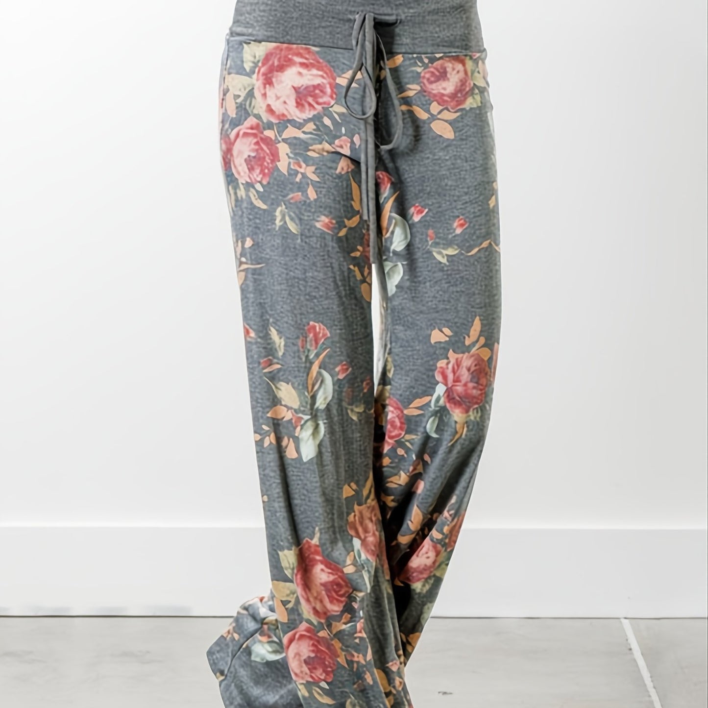 Plus Size Floral Print High Rise Drawstring Long Pants, Women's Plus Slight Stretch Loose Casual Pants
