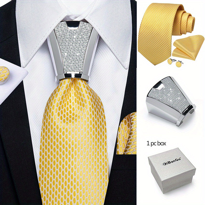 [For Business Silvery Necktie Set] Men's Necktie Silvery Ring & Handkerchief & Cufflinks Set For Business Accessories With Gift Box