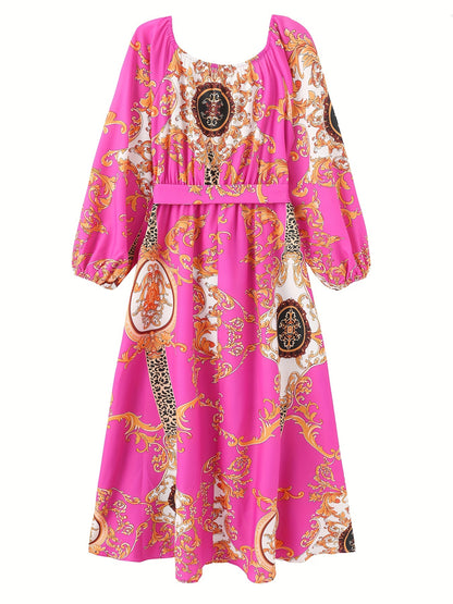 Vintage Off Shoulder Tribal Print Belted Women's Swing Aline Dress with Ruffle Hem Lantern Sleeve