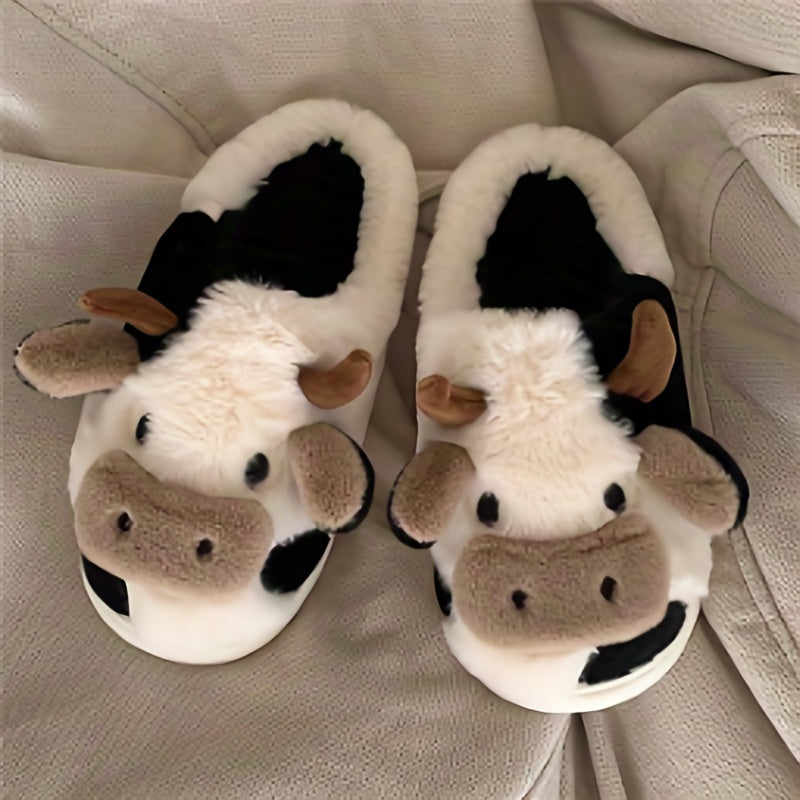 Cozy Cartoon Cow Slippers - Plush Lined Slip-Ons for Winter Warmth and Comfort