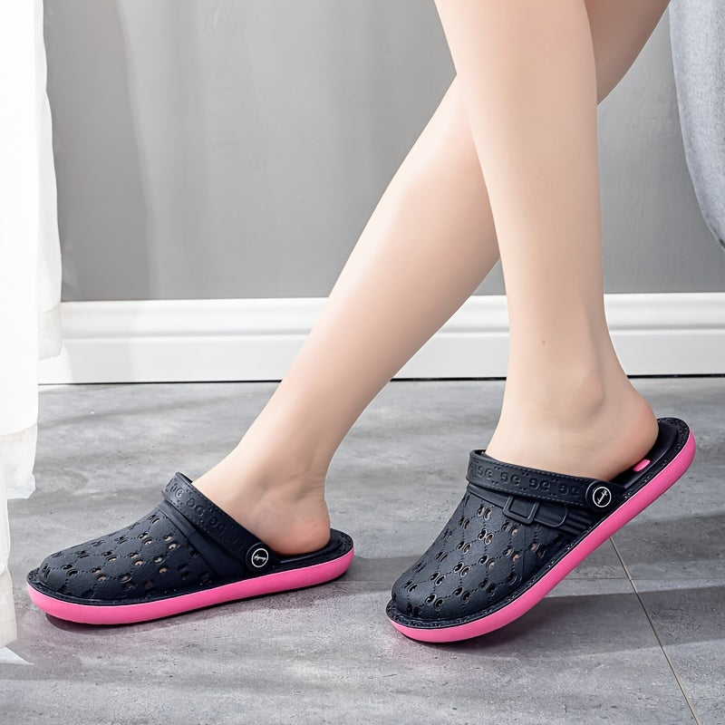 Women's Hollow Out Flat Clogs, Breathable & Lightweight Beach Sandals, Indoor & Outdoor Slippers