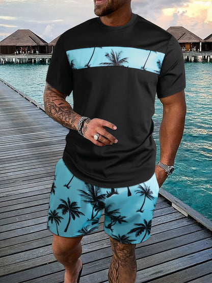 2Pcs Men's Tropical Coconut Tree Print Casual Outfits - Crew Neck Short Sleeve T-shirt & Drawstring Shorts Set - For Summer Vacation & Resorts - Men's Clothing