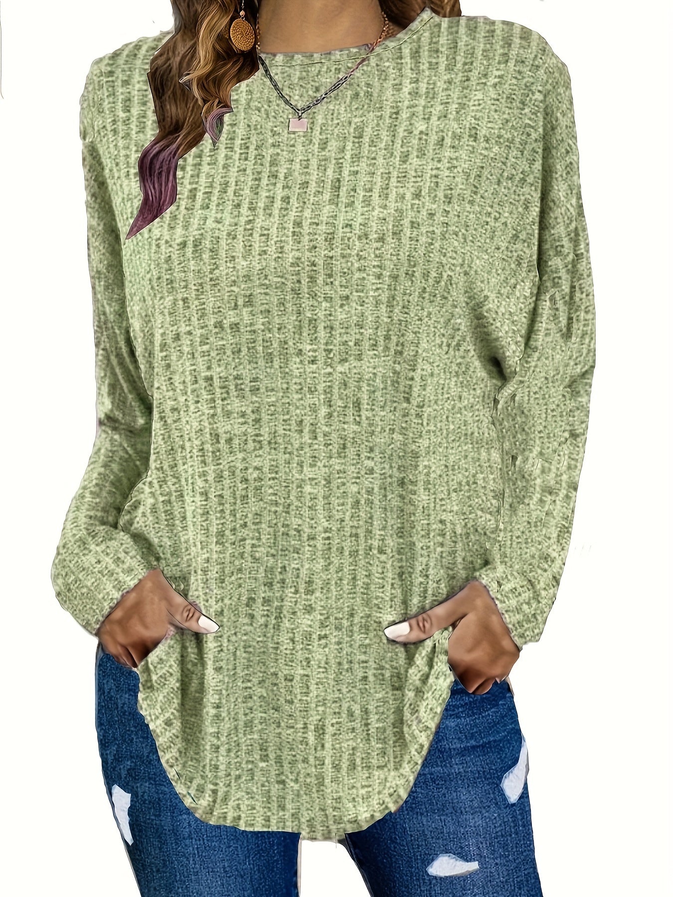 Plus Size Casual Sweater, Women's Plus Solid Ribbed Long Sleeve Round Neck Knit Top