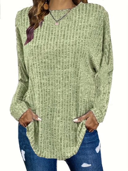 Plus Size Casual Sweater, Women's Plus Solid Ribbed Long Sleeve Round Neck Knit Top