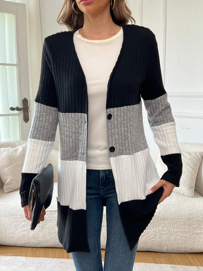 Chic Long Sleeve Colorblock Cardigan - Cozy Knitted Design, Essential Fall & Winter Women's Apparel, Fashion-Forward Button-Up Style