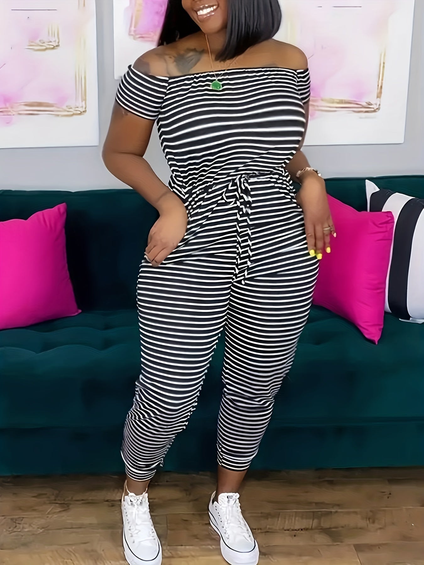 Striped Off Shoulder Drawstring Jumpsuit, Casual Short Sleeve Slim Jumpsuit For Spring & Summer, Women's Clothing