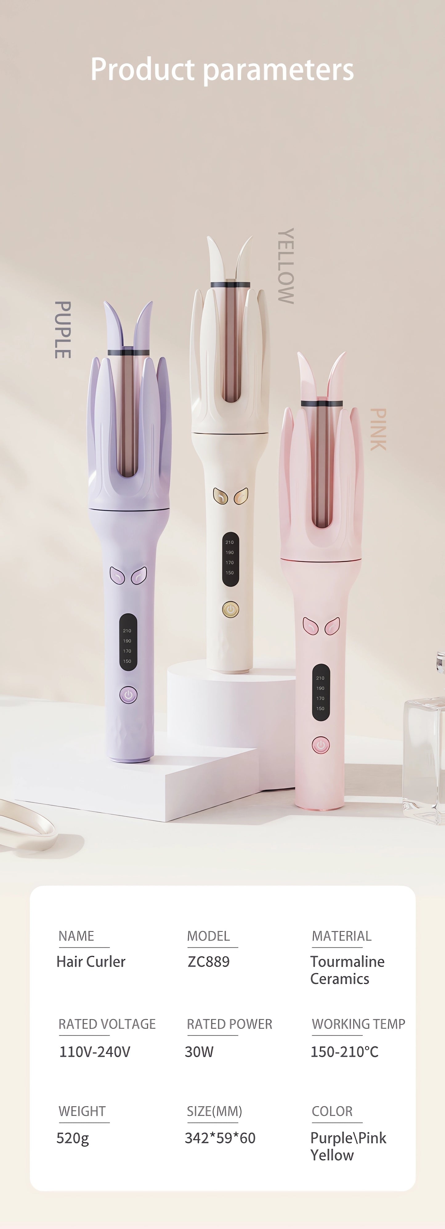 Genai Automatic Hair Curler: 28mm Barrel, 4 Temperature Settings, Negative Ion Generator, Intelligent Timer & Sensor, Auto Shut-Off for Safety