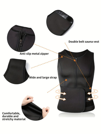 TKPARK Men's Adjustable Compression Tank Top & Waist Trainer - High-Elasticity Workout Shirt with Back Support, Sleeveless Gym Shaper Vest, Zipper Closure & Belt for Fitness Training, Fitness Compression Wear | Sleeveless Tan